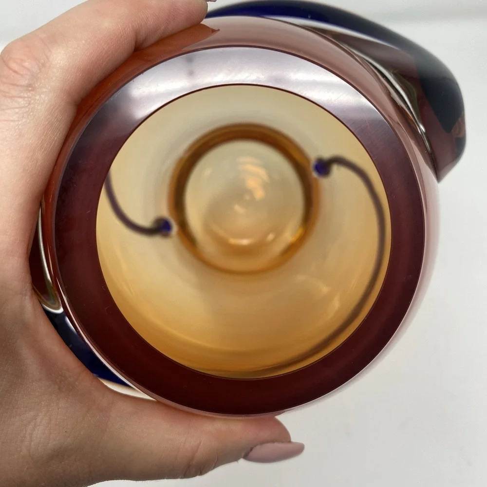 VTG Hand Blown Murano Art Glass Red Amber Swirl‎ Wrap Mid Century Lava 12